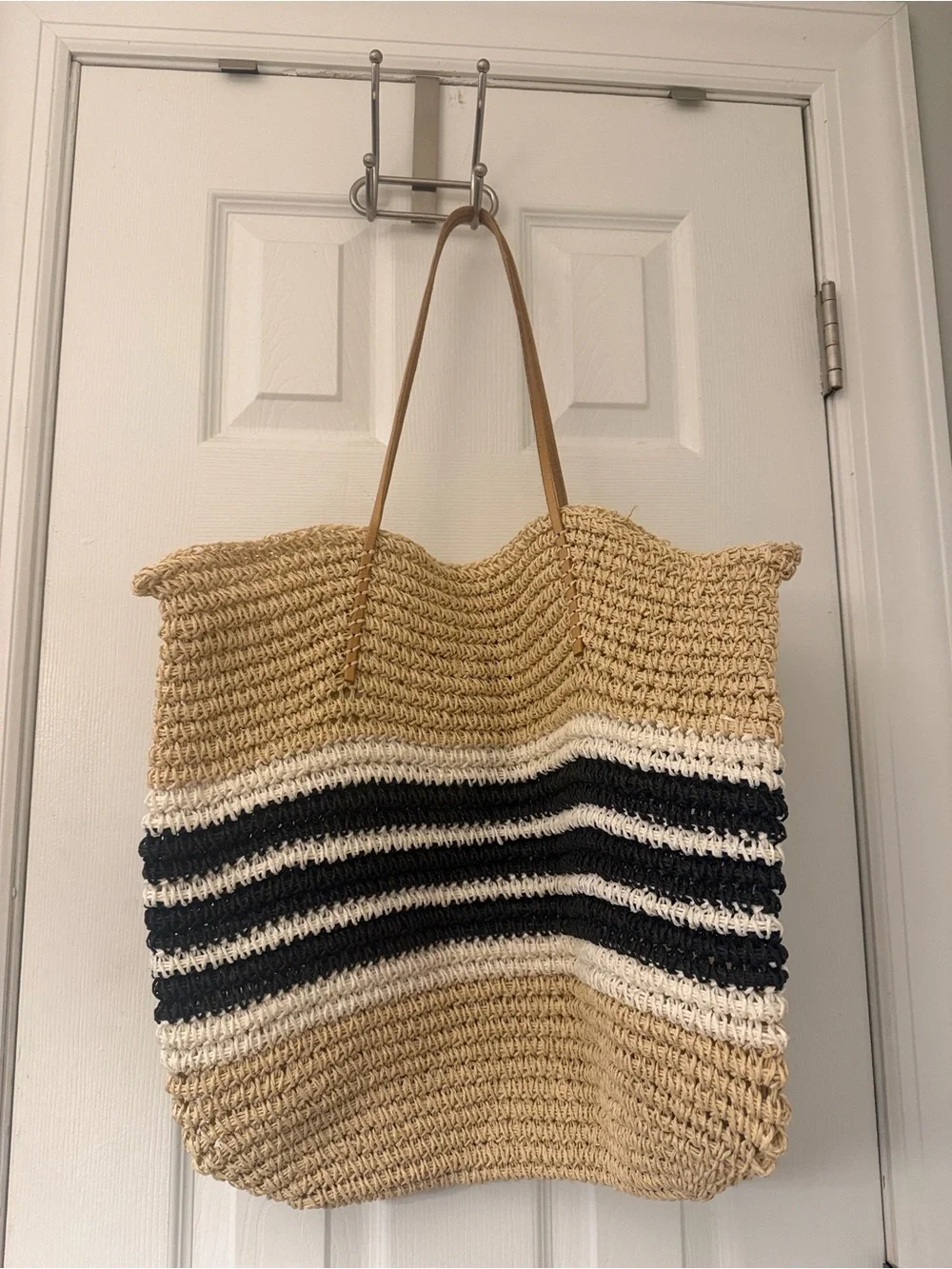 Aqua Natural Straw Tote with Black & White Stripes